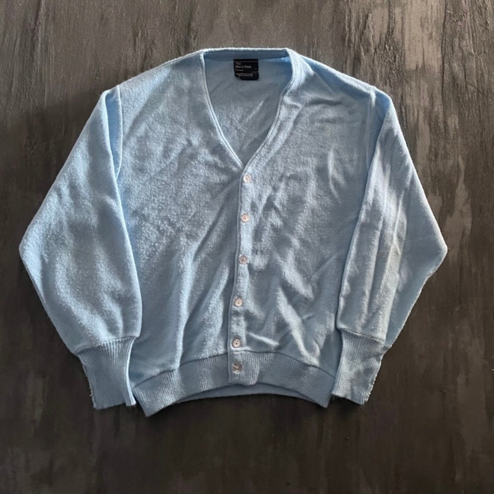 Vintage V-Neck Knit Cardigan Mens L Light Blue 1980s‎ JCPenney